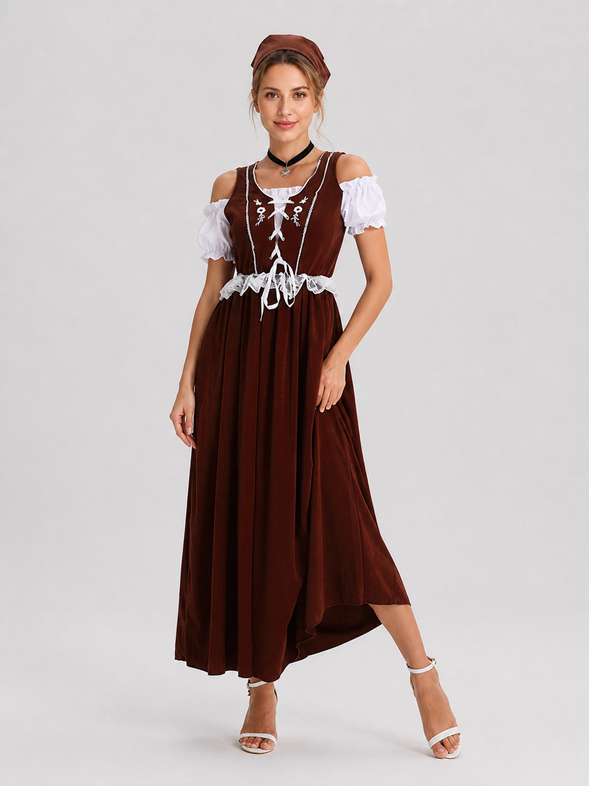 Long Brown and White Cosplay Dress with Lace Costume Dresses detail