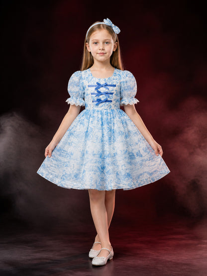 Girls' Light Blue Floral Princess Dress with Lace Trim and Bow Headband main product view