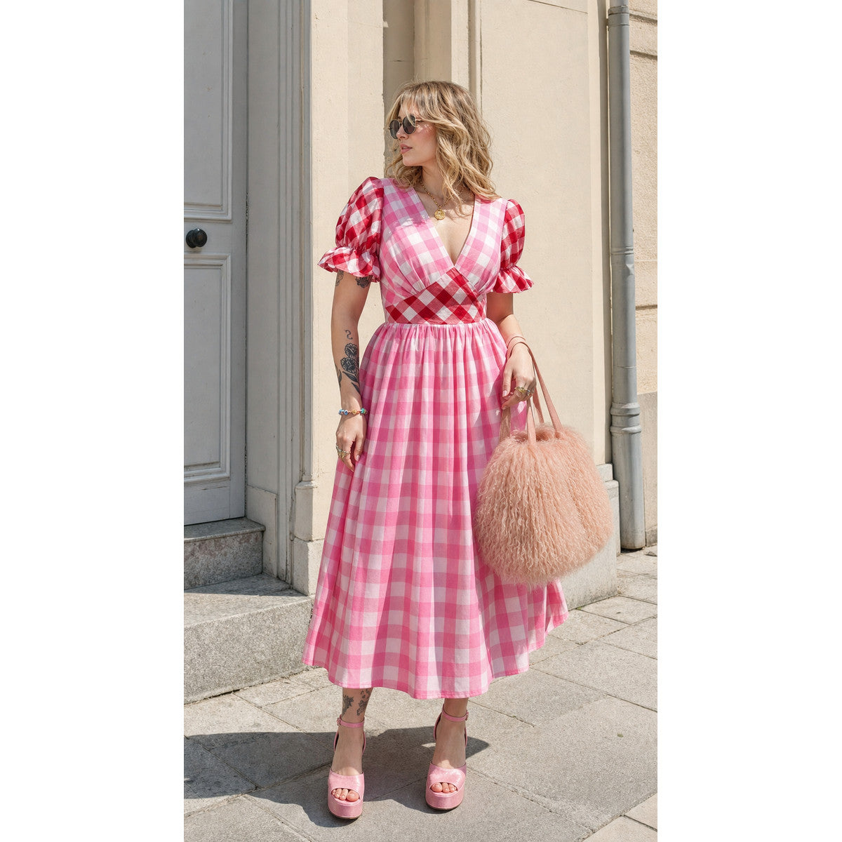 Pink-and-White Plaid Dress with a V-Neck lifestyle
