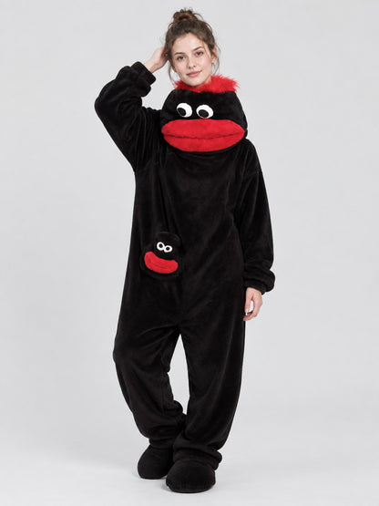 Black Coral Fleece Pajama Jumpsuit with Appliqué