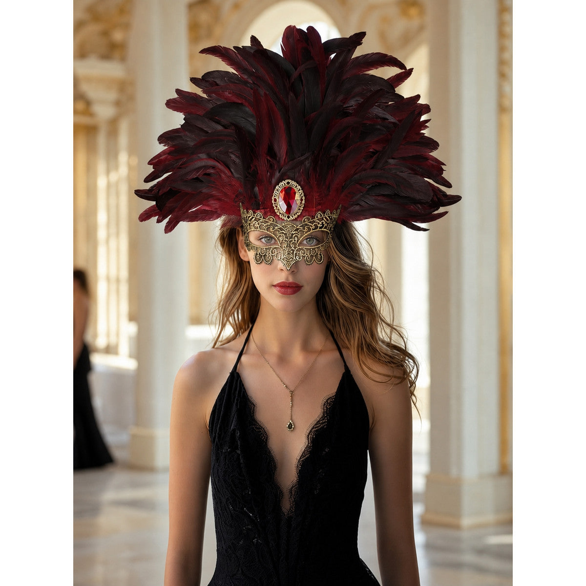 Burgundy and black feathered mask headpiece with gold filigree and red jewel, styled on a model in a black dress indoors