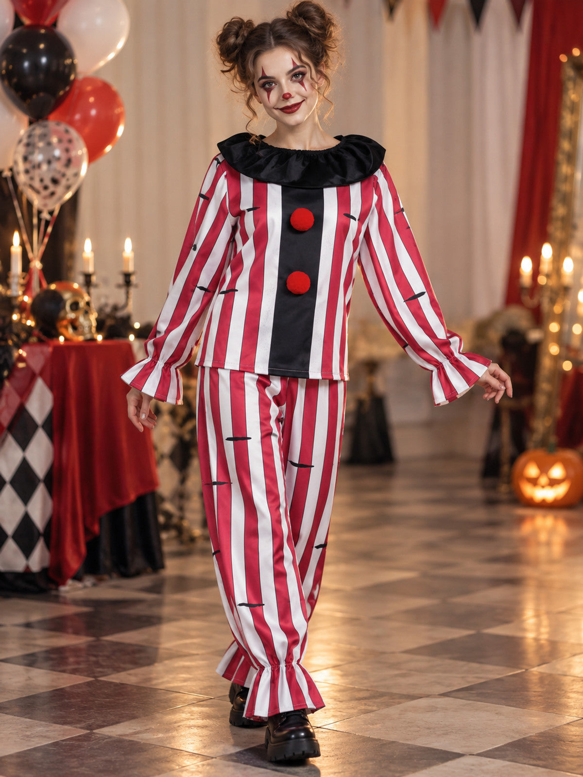 Red and white clown costume with black collar and pompom