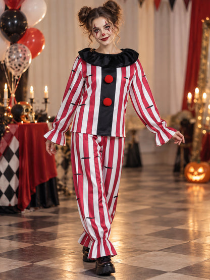 Red and white clown costume with black collar and pompom