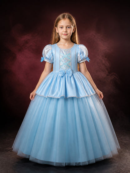 Girls' Cinderella Princess Dress, Sky Blue Sequined Tulle Long Dress, Sizes main product view