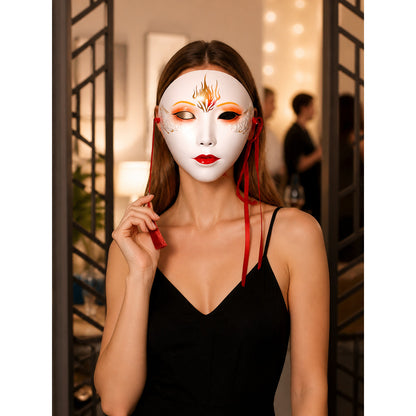 White Carnival Mask with Red Ribbons for Parties lifestyle view