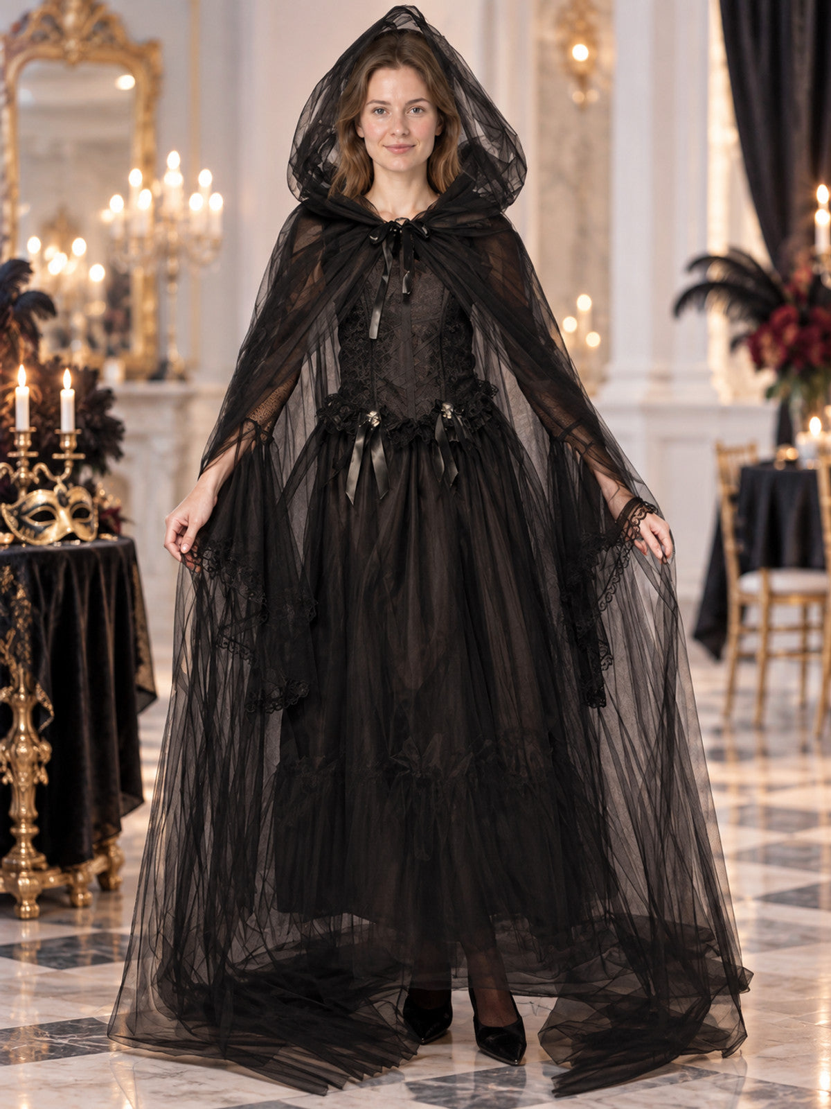 Gothic Black Carnival Costume with Cape and Dress