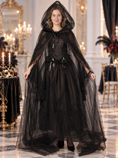 Gothic Black Carnival Costume with Cape and Dress