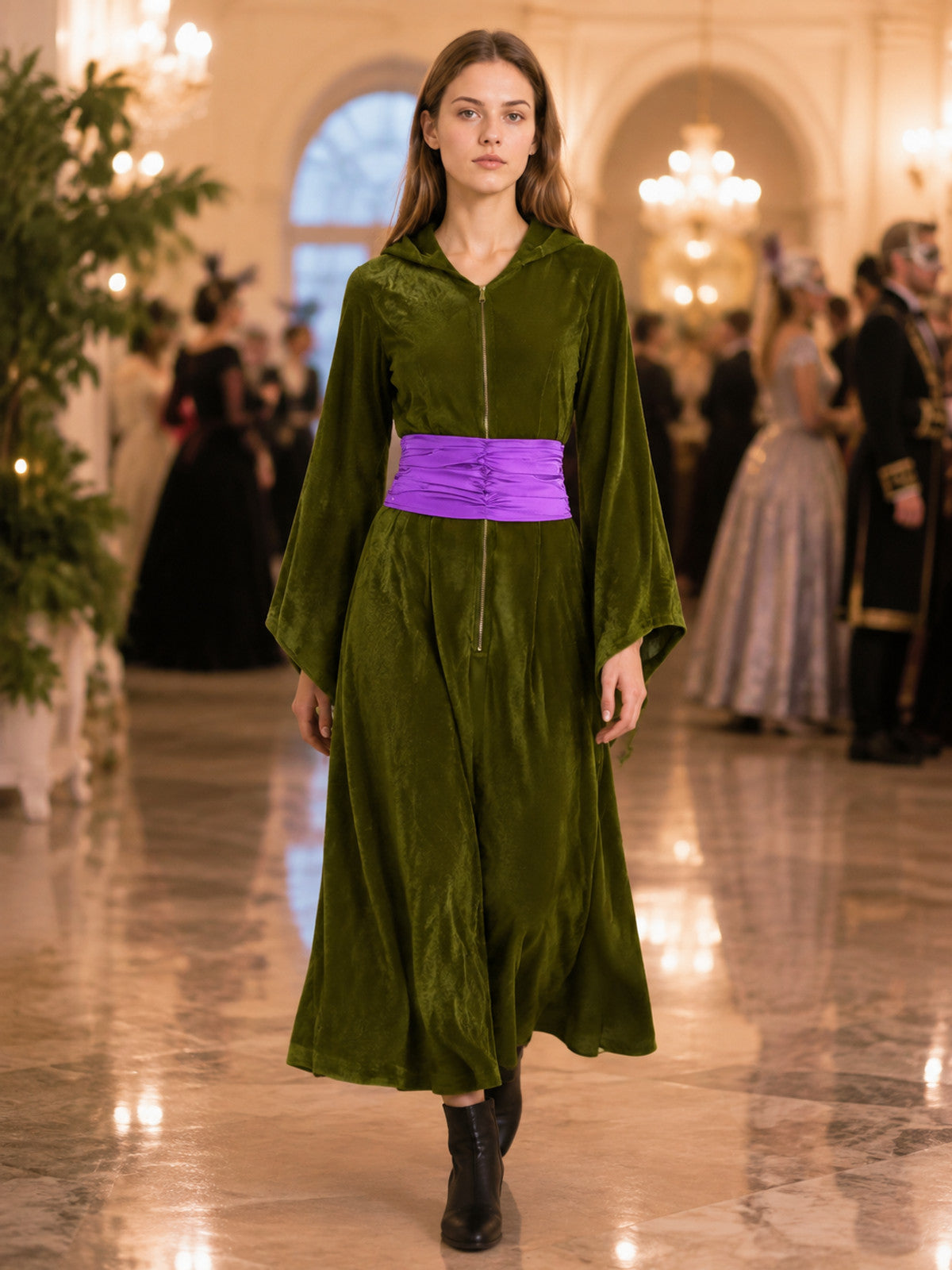 Cosplay Costume Dress with Hood and Purple Belt lifestyle view