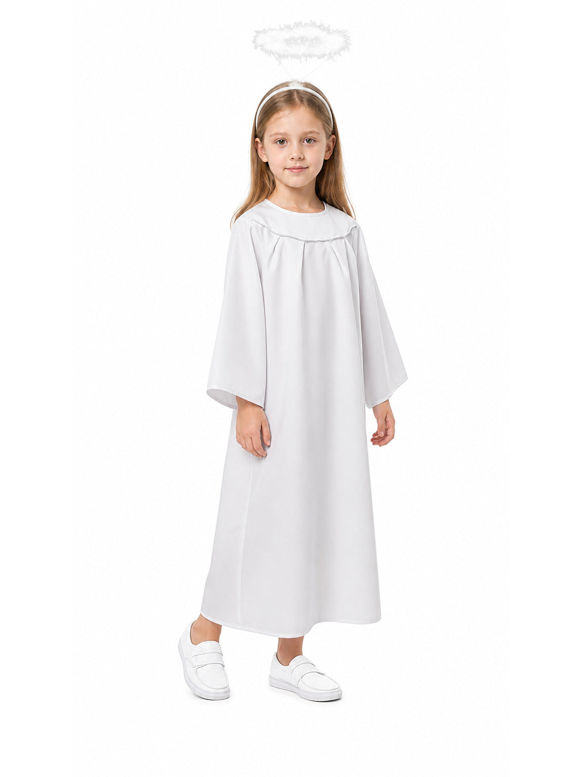 White angel costume dress and halo on a child, shown full-length from a three-quarter angle with wide sleeves and white shoes
