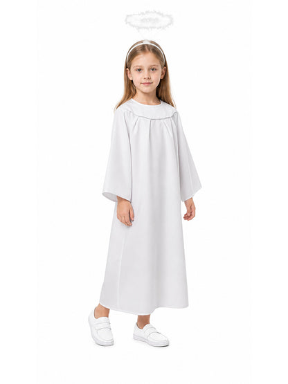 White angel costume dress and halo on a child, shown full-length from a three-quarter angle with wide sleeves and white shoes