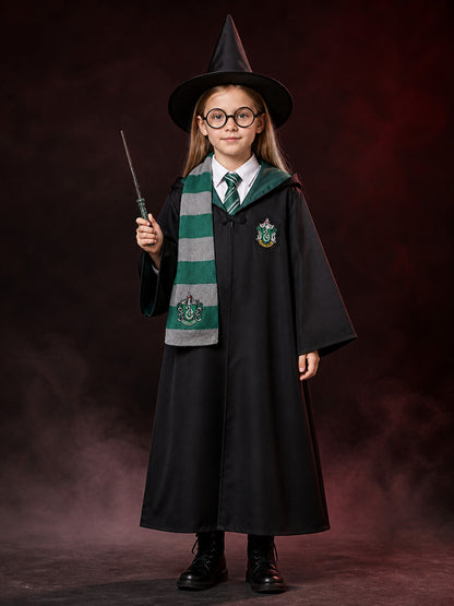 Kids Wizard School Costume Set With Green & Black Robe, Scarf, Tie, Glasses
