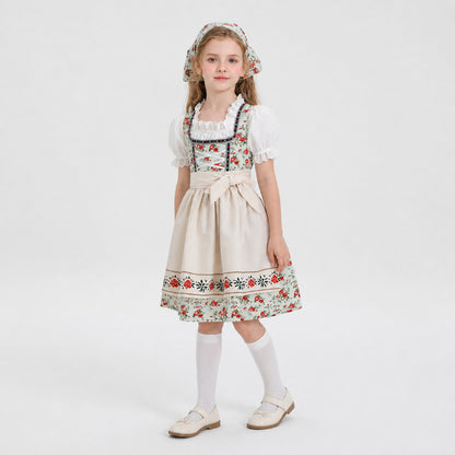 Dirndl Dress with Apron and Kerchief Featuring a Red Rose Print