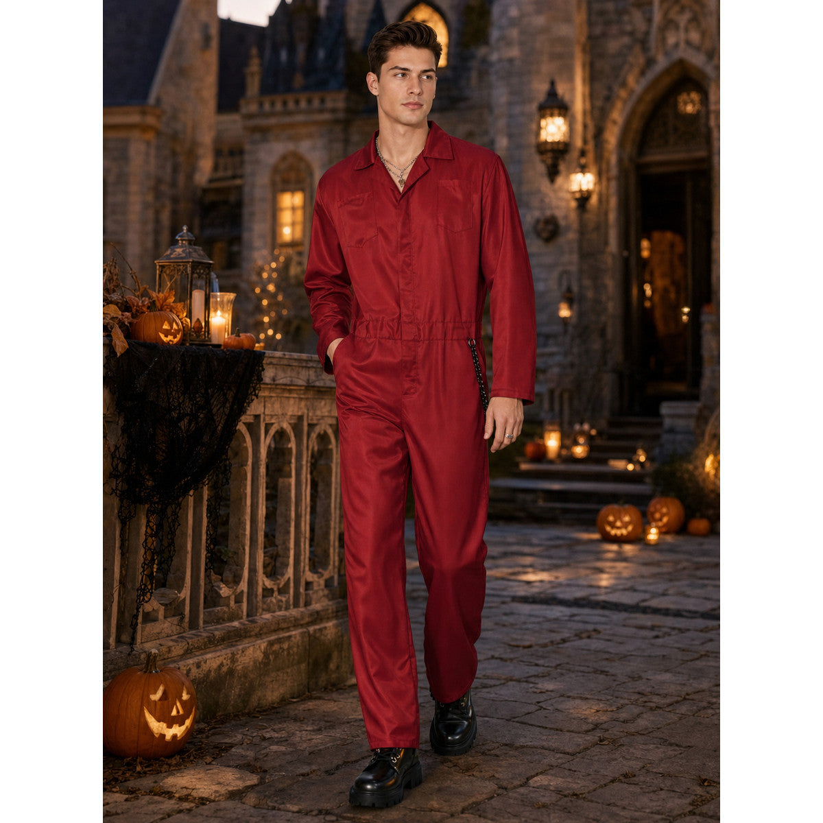 Red coverall jumpsuit styled for Halloween at night with jack-o'-lanterns
