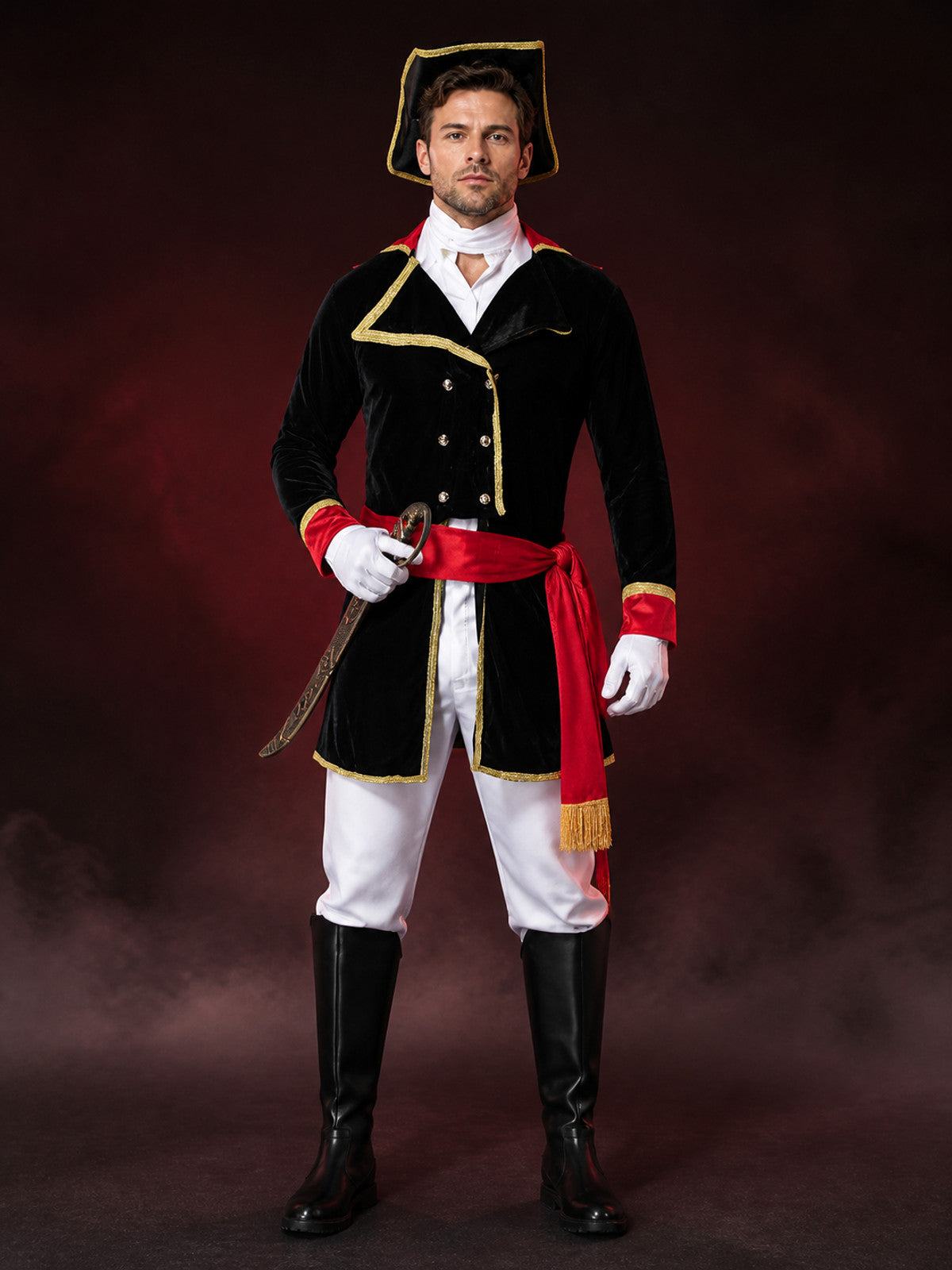 Adult Pirate Captain Halloween Costume Set With Hat, Coat, Tie, Gloves, Belt And main product view