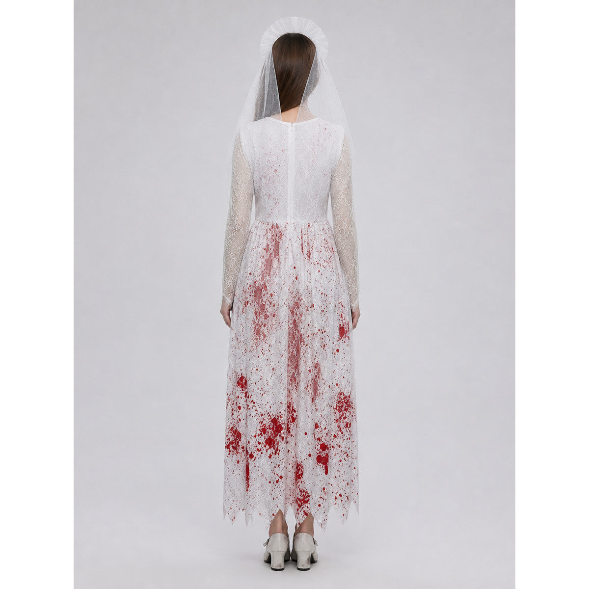Gothic Dress with Lace Sleeves and Blood-Splatter Print