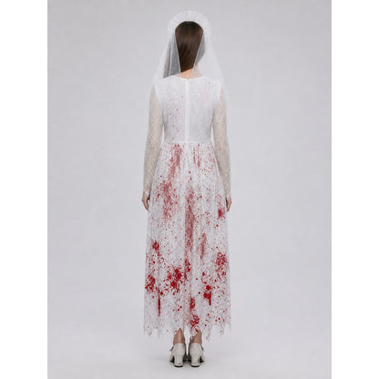 Gothic Dress with Lace Sleeves and Blood-Splatter Print