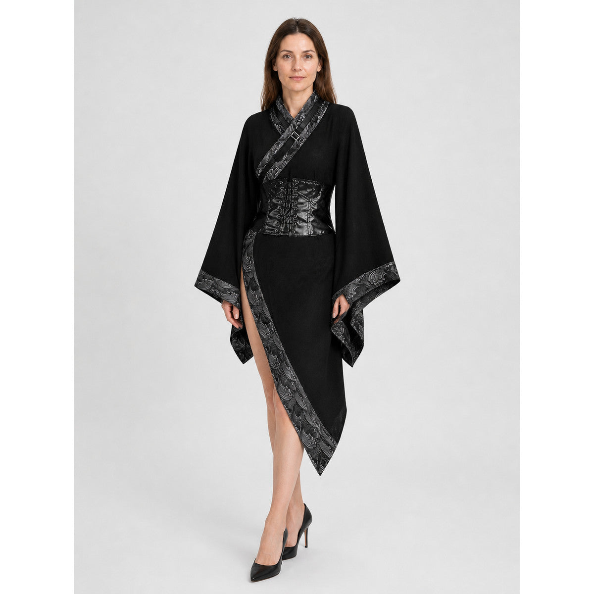Belted Cape Coat with an Asymmetrical Hem and Wide Sleeves Costume Capes detail