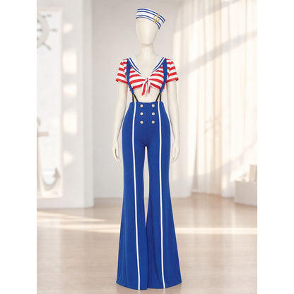 The set features a nautical style and consists of a short-sleeved top and suspender pants. The design combines white, red, blue, and gold colors. The top is decorated with red-and-white horizontal stripes, front lacing, and an open waistlin