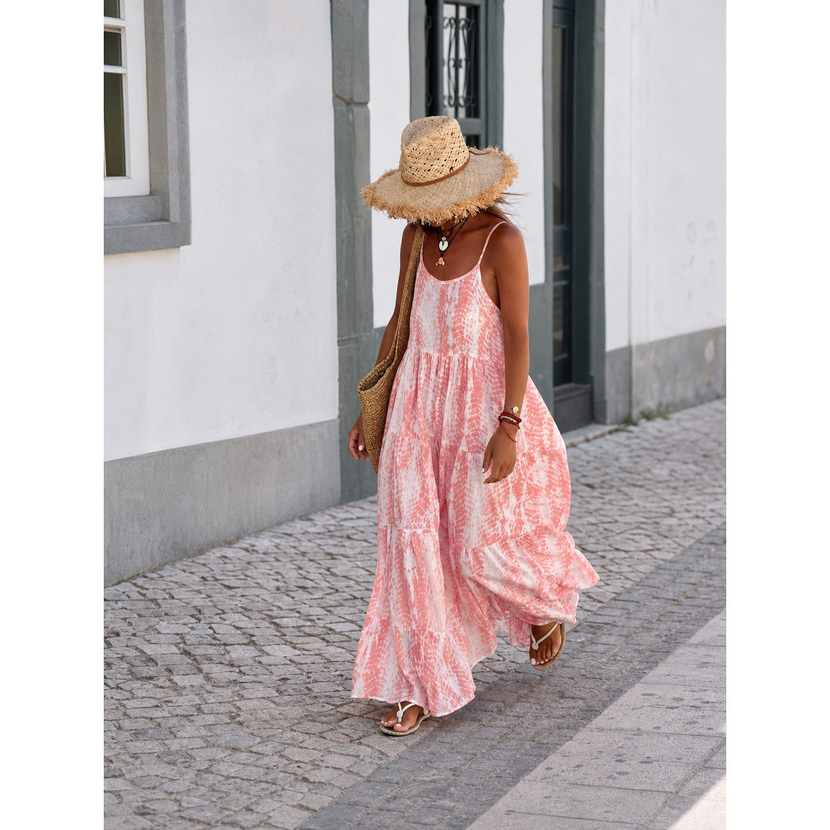 Women's Long Dress with Thin Straps and a Tiered Skirt