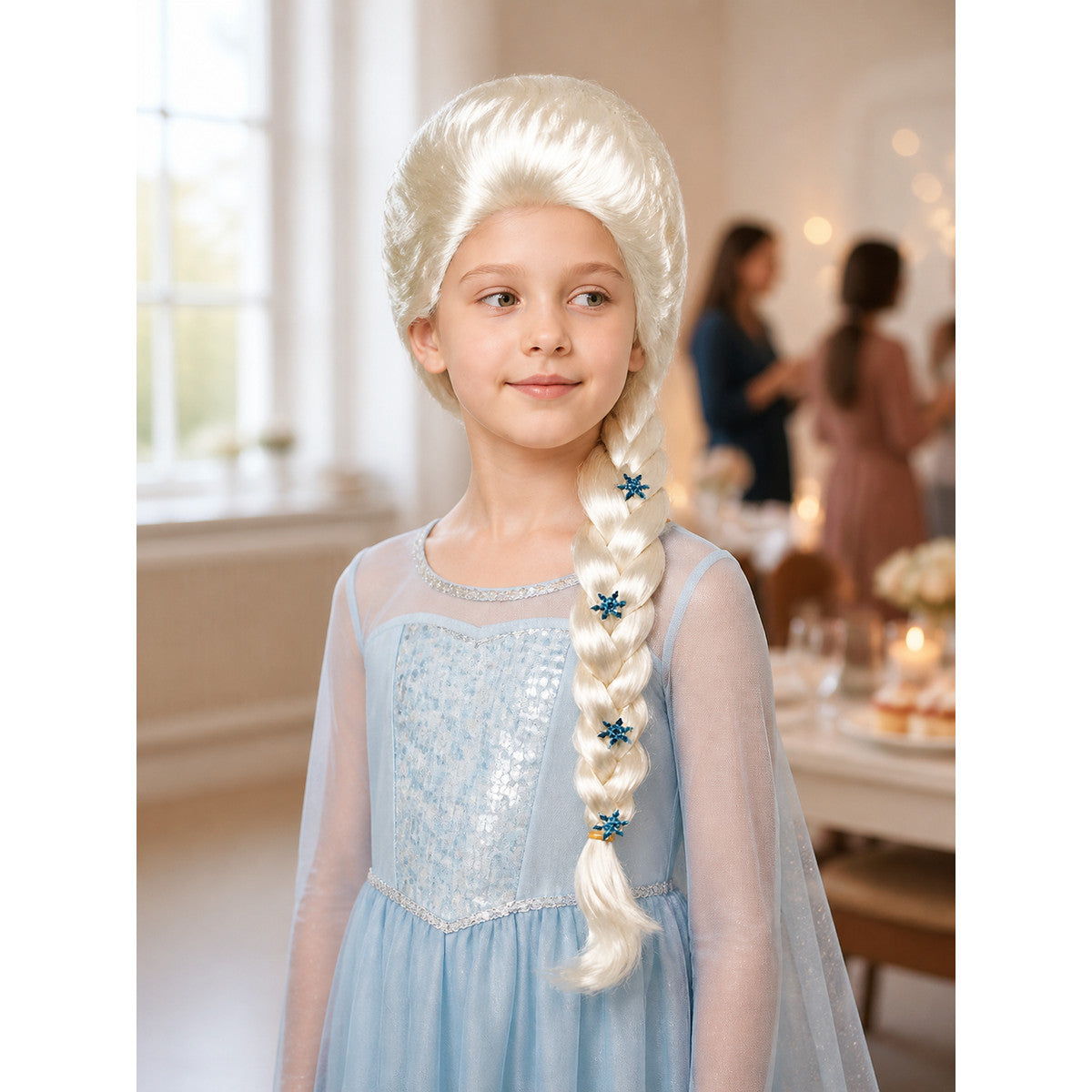 Light Gold Carnival Wig with a Braid and Snowflakes lifestyle view