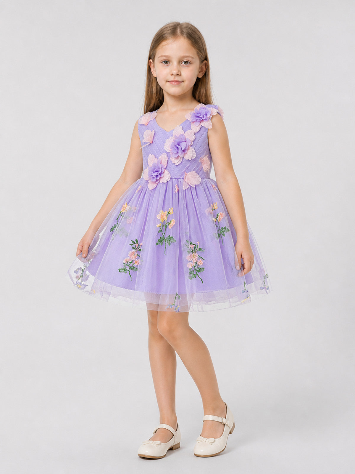 Full-Skirt Dress with Floral Embroidery and Butterflies Costume Dresses detail