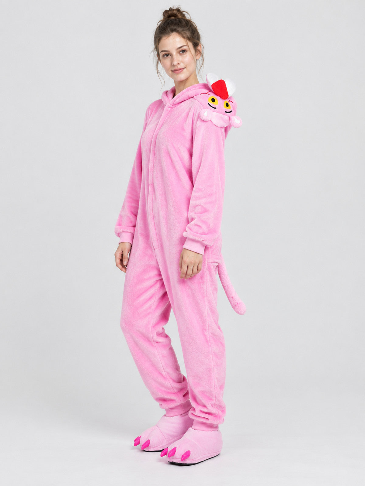Pink Fleece Hooded Jumpsuit Pajama with Tail