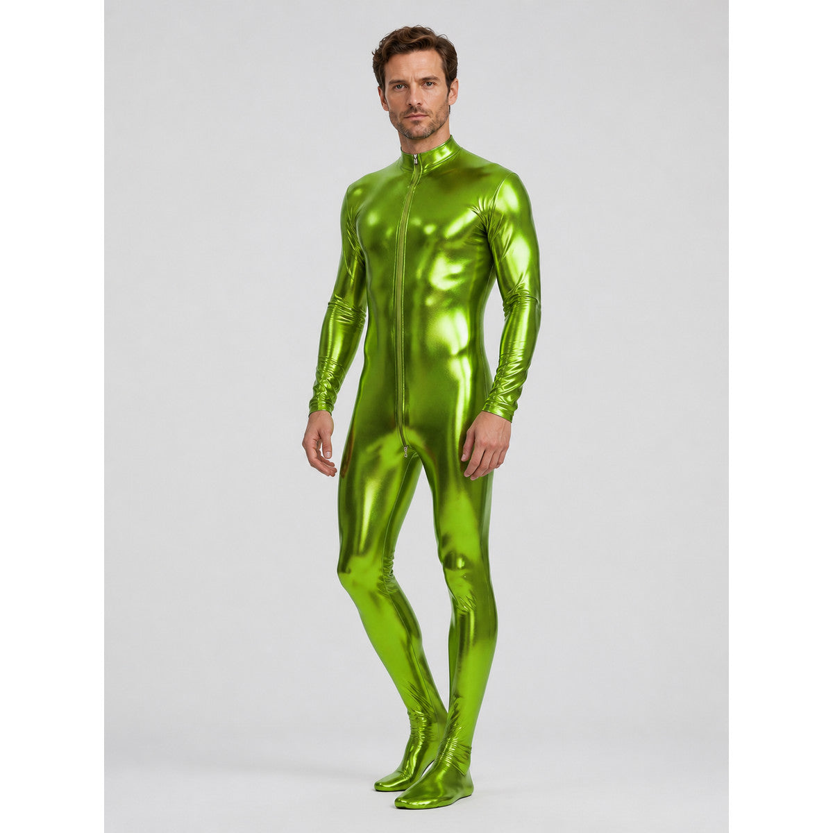 Shiny Green Form-Fitting Jumpsuit with Zipper for the Stage lifestyle view