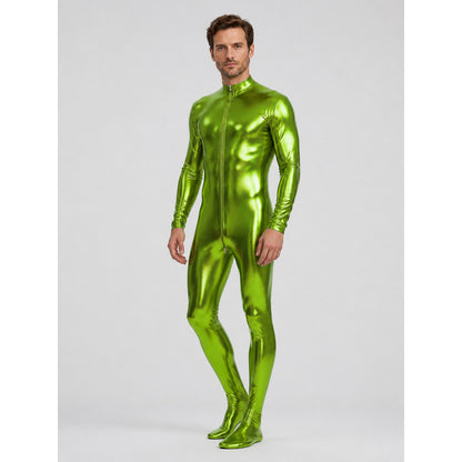 Shiny Green Form-Fitting Jumpsuit with Zipper for the Stage lifestyle view