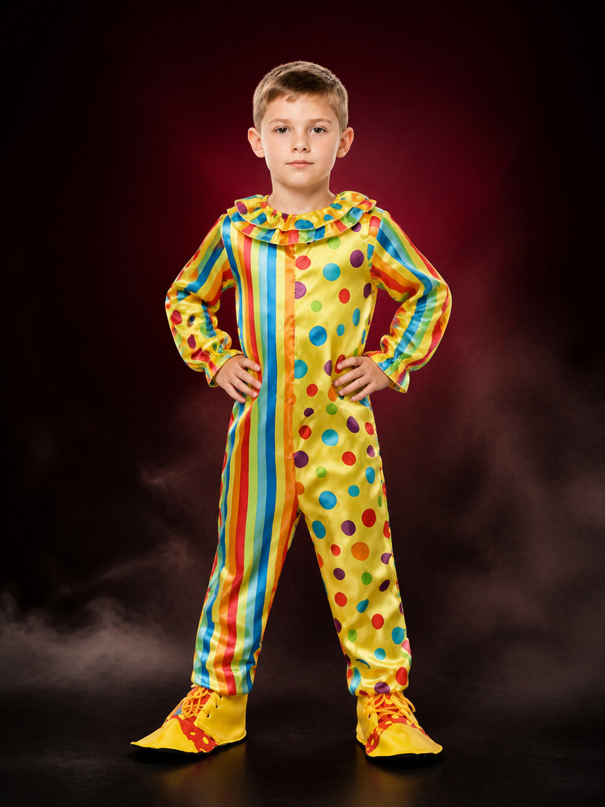 Kids' Colorful Clown Jumpsuit Costume, Striped Polka Dot Long-Sleeve Outfit main product view