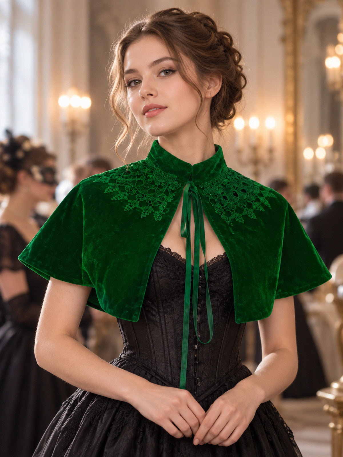 Green Velvet Capelet with Lace and High Collar