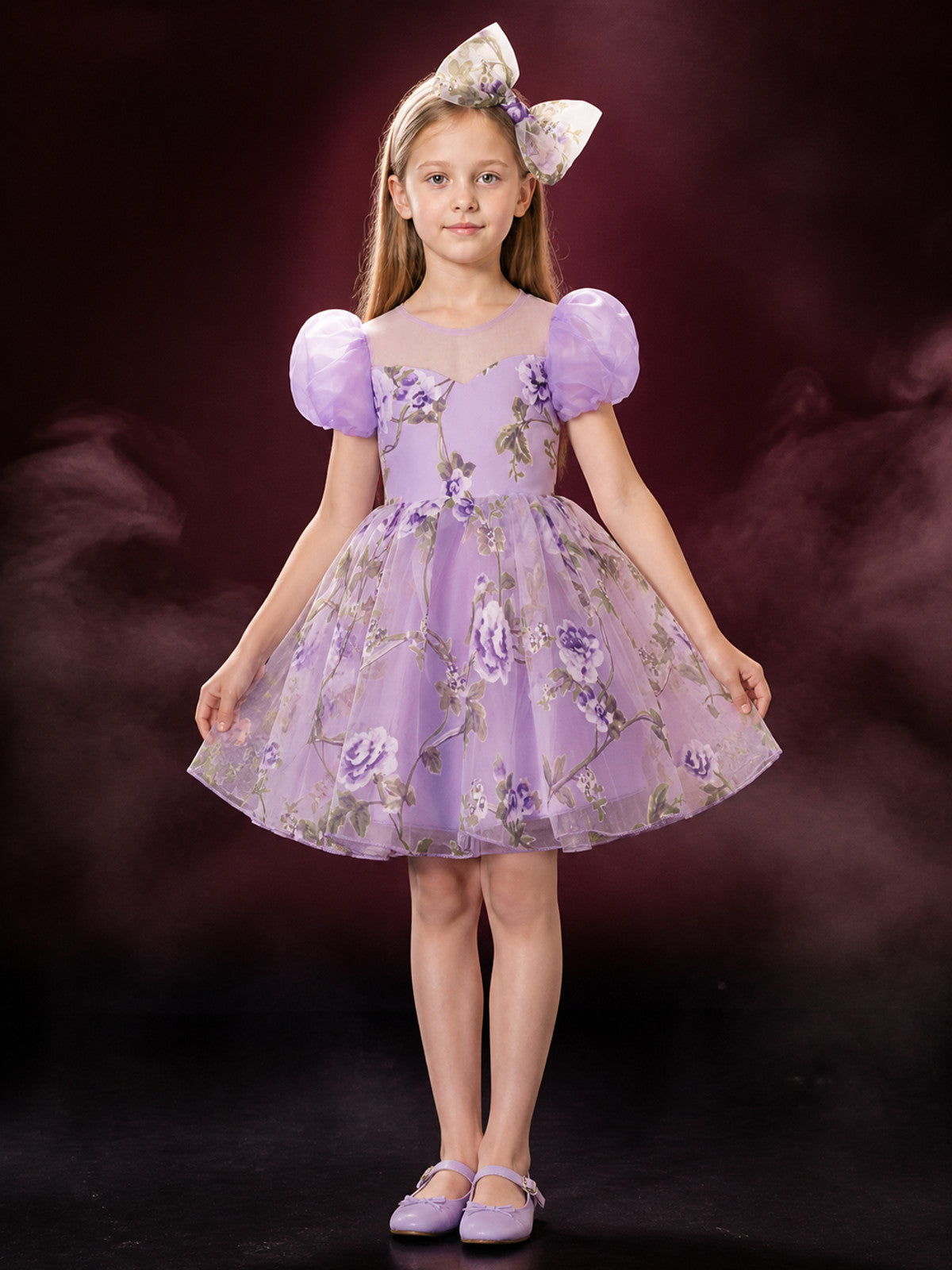 Baby Girls' Floral Princess Dress With Puff Sleeves, Tulle Skirt And Bow main product view