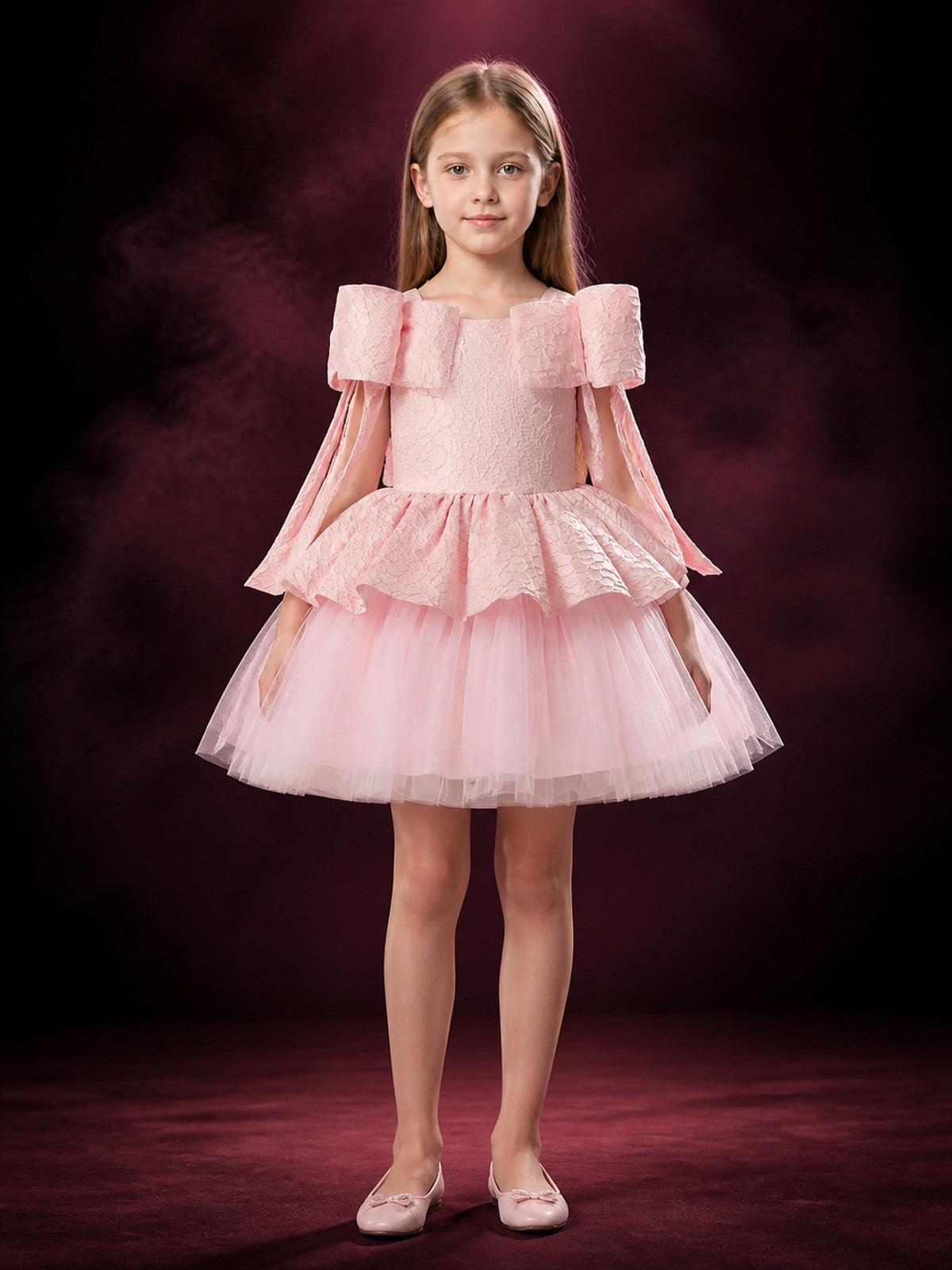 Baby Girls' Pink Princess Dress with Lace Bodice, Ruffle Sleeves and Layered main product view