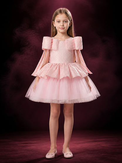 Baby Girls' Pink Princess Dress with Lace Bodice, Ruffle Sleeves and Layered main product view