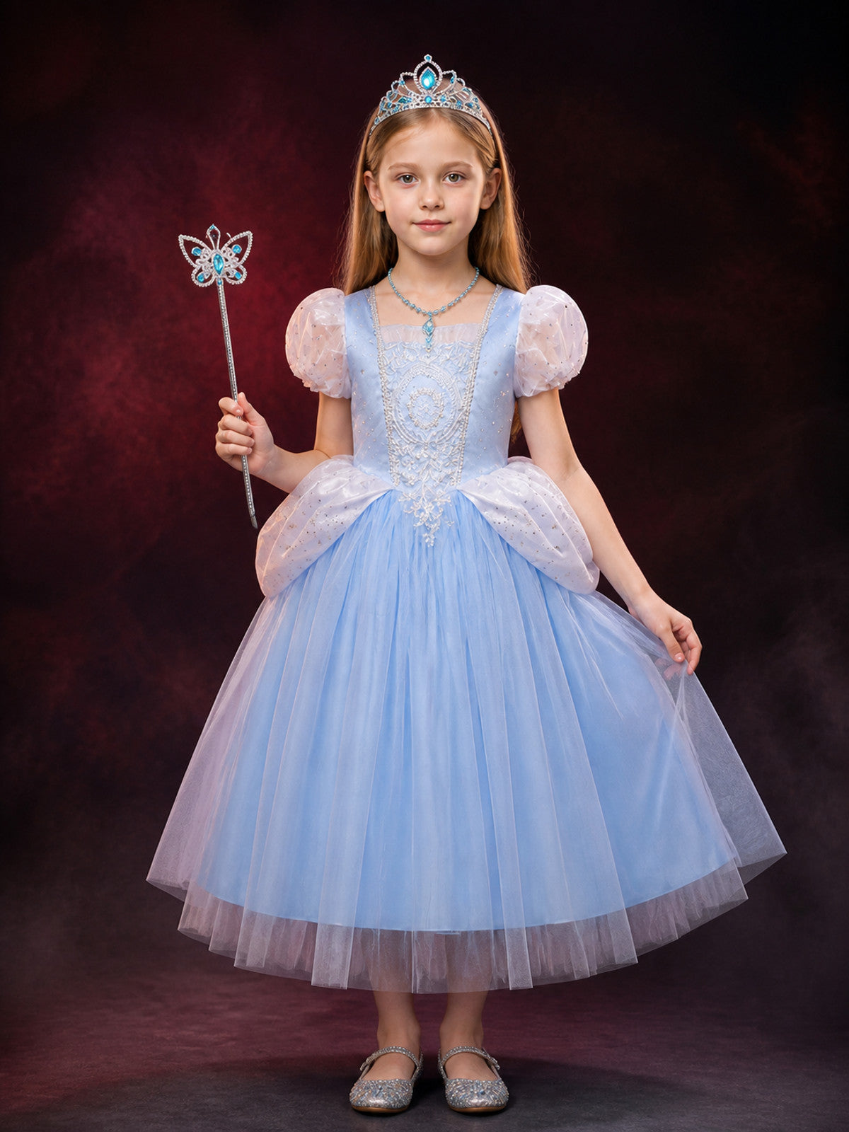 Girls Cinderella Costume Dress, Blue Tulle Princess Ball Gown Set with Tiara main product view