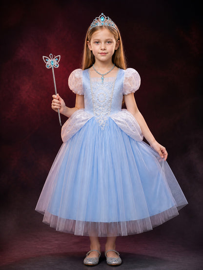 Girls Cinderella Costume Dress, Blue Tulle Princess Ball Gown Set with Tiara main product view