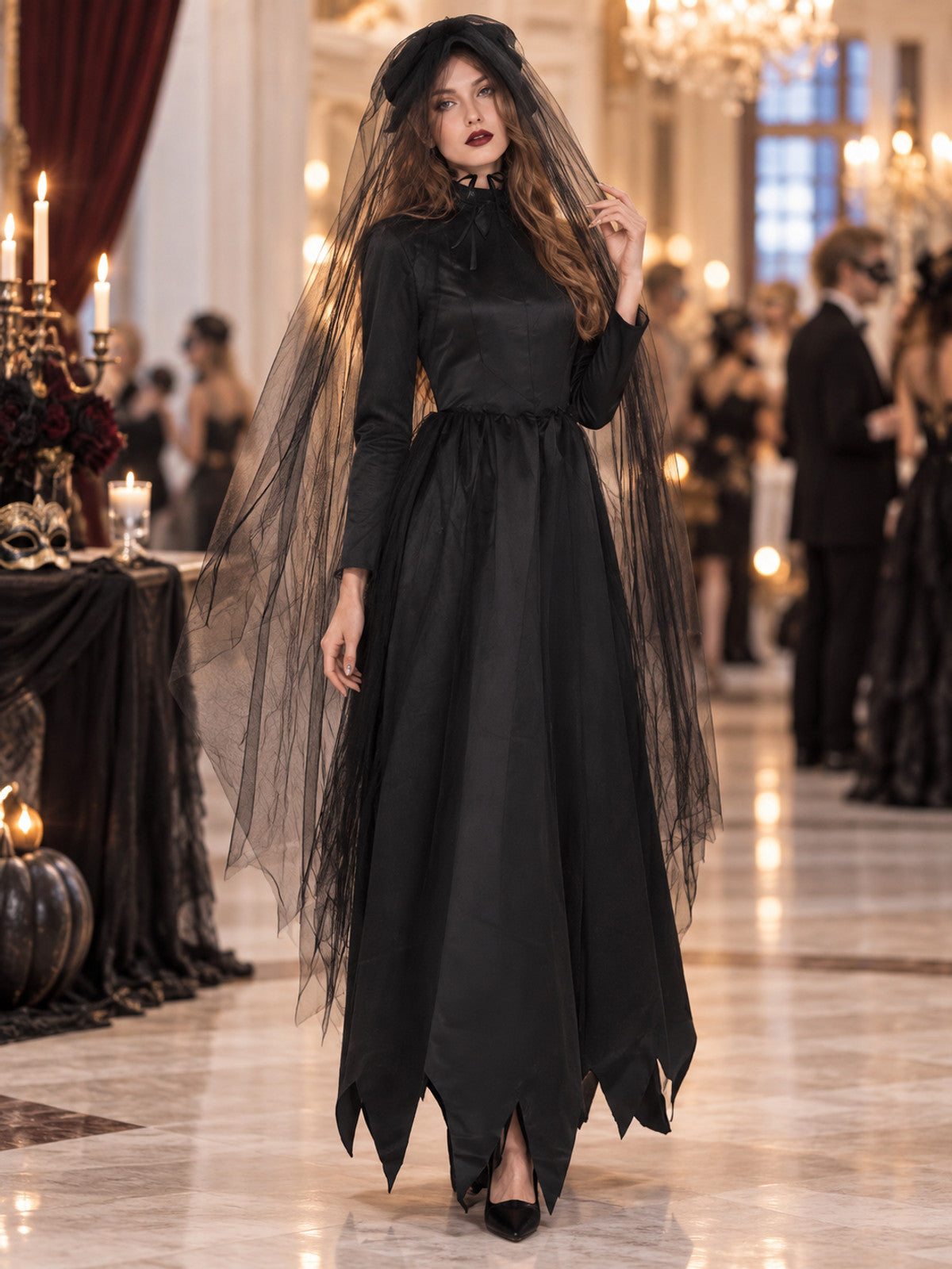 Vampire Costume: Black Dress, Hat, Veil