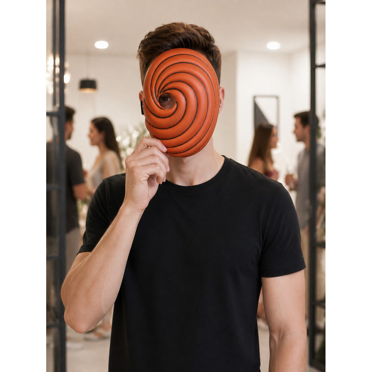 Orange Carnival Mask with Black Spiral Pattern lifestyle view