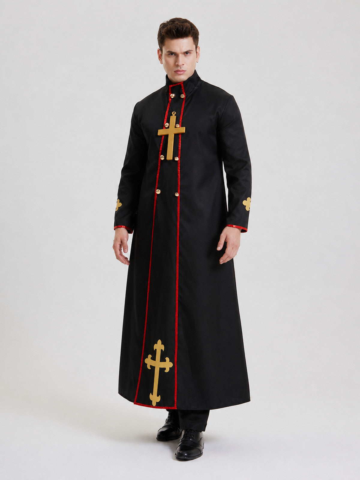 Black Priest's Ritual Robe with Gold Crosses product detail