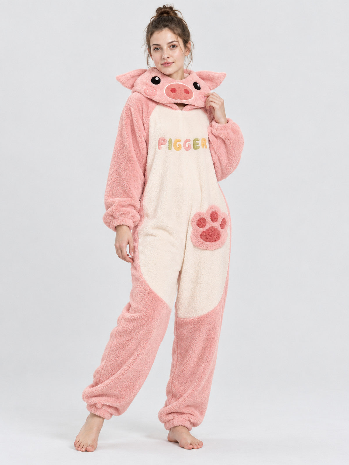 Pink and cream pig-hooded pajama jumpsuit