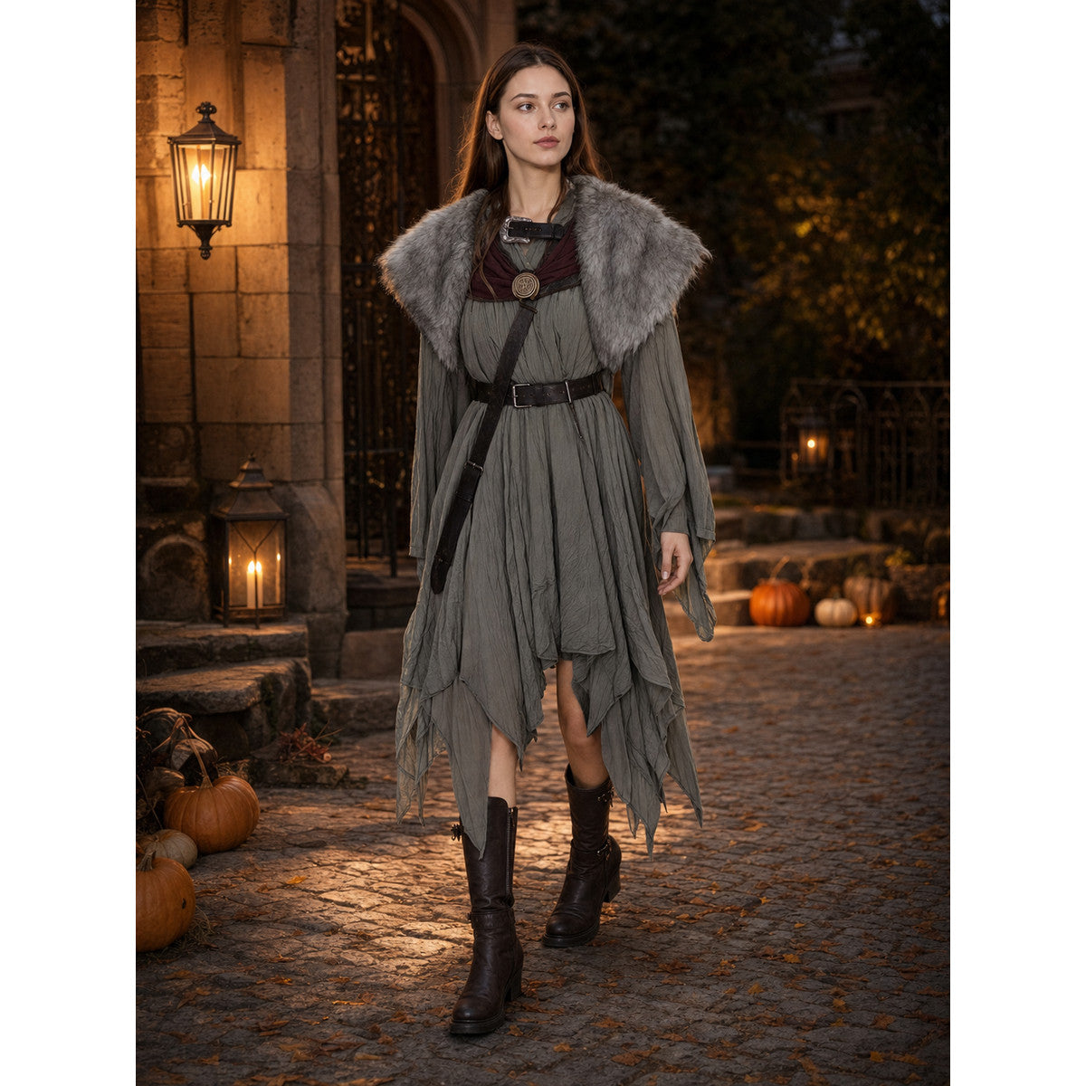 Adults Viking-Inspired Costume Cape, Gray Shoulder Wrap With Deep Red And Black Chest Details, Gold-Tone Ornament For Role Play Styling