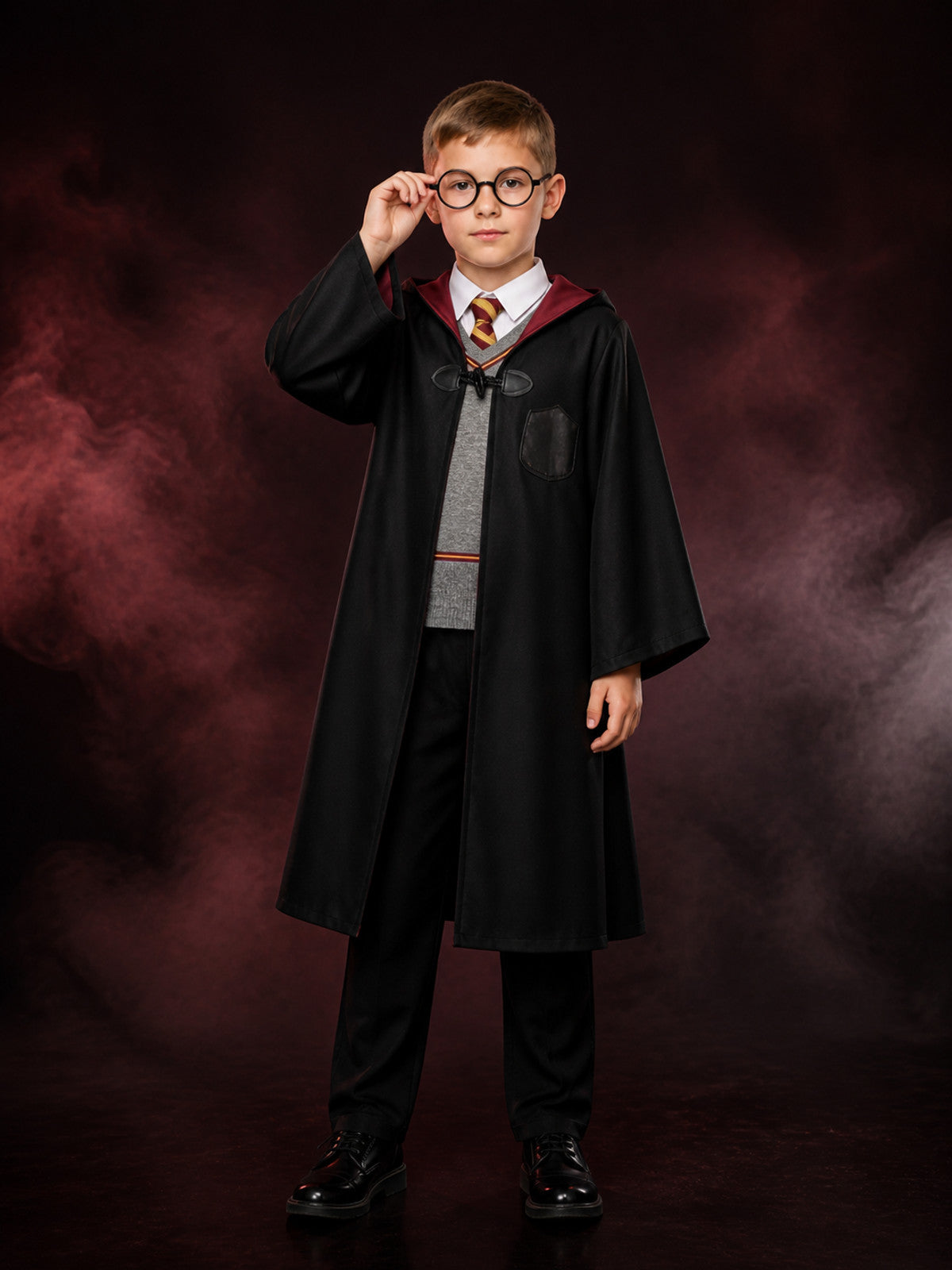 Kids Halloween Wizard Costume Set, Hooded Robe, Vest, Trousers and Round Glasses