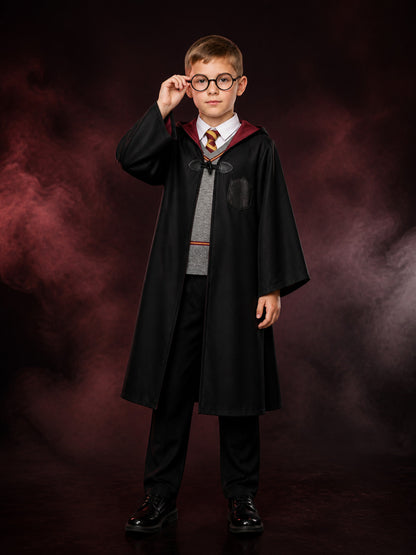Kids Halloween Wizard Costume Set, Hooded Robe, Vest, Trousers and Round Glasses