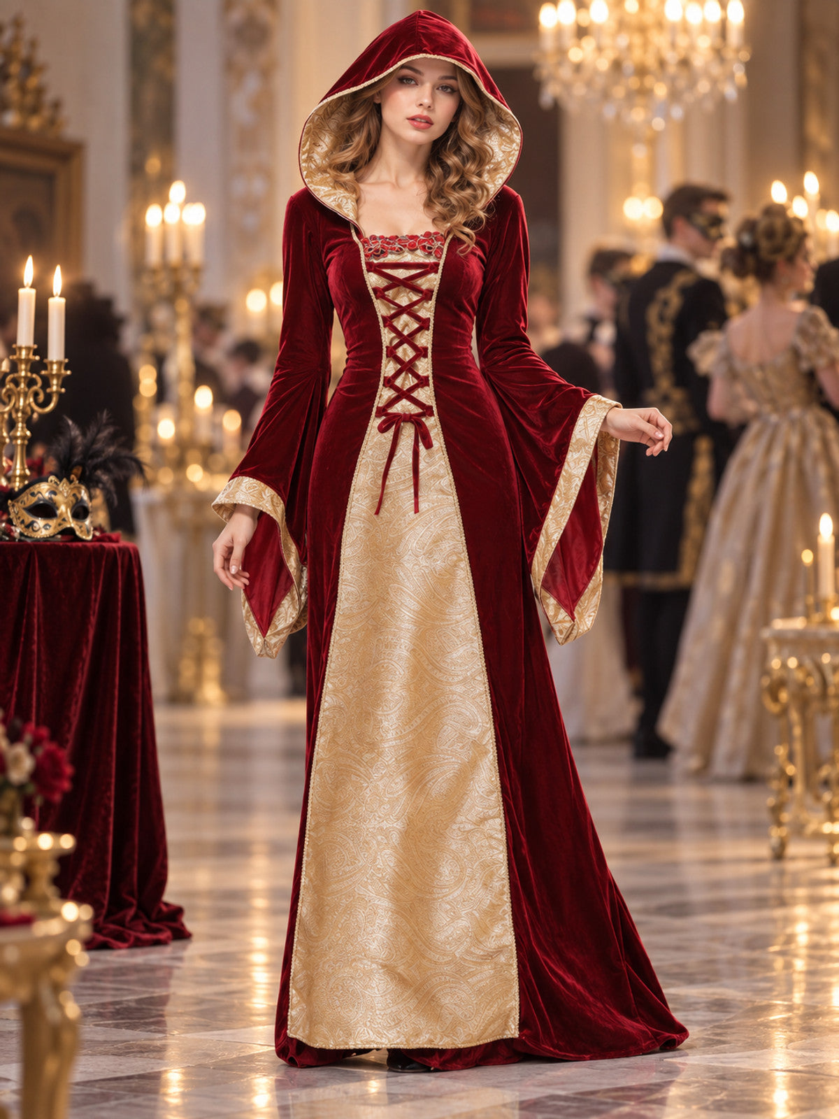 Burgundy Carnival Costume with Hood and Lacing