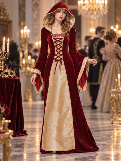 Burgundy Carnival Costume with Hood and Lacing