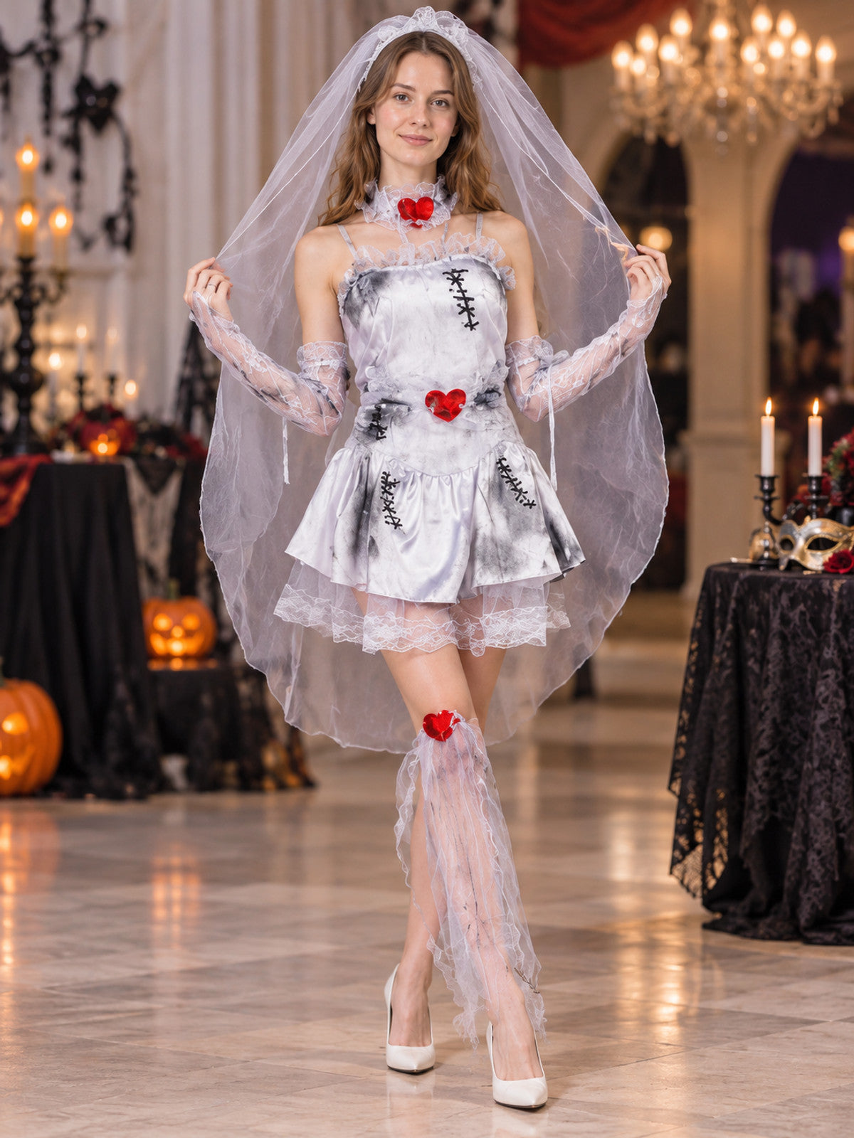 Bride Carnival Costume: White Mini Dress, Veil, Hearts