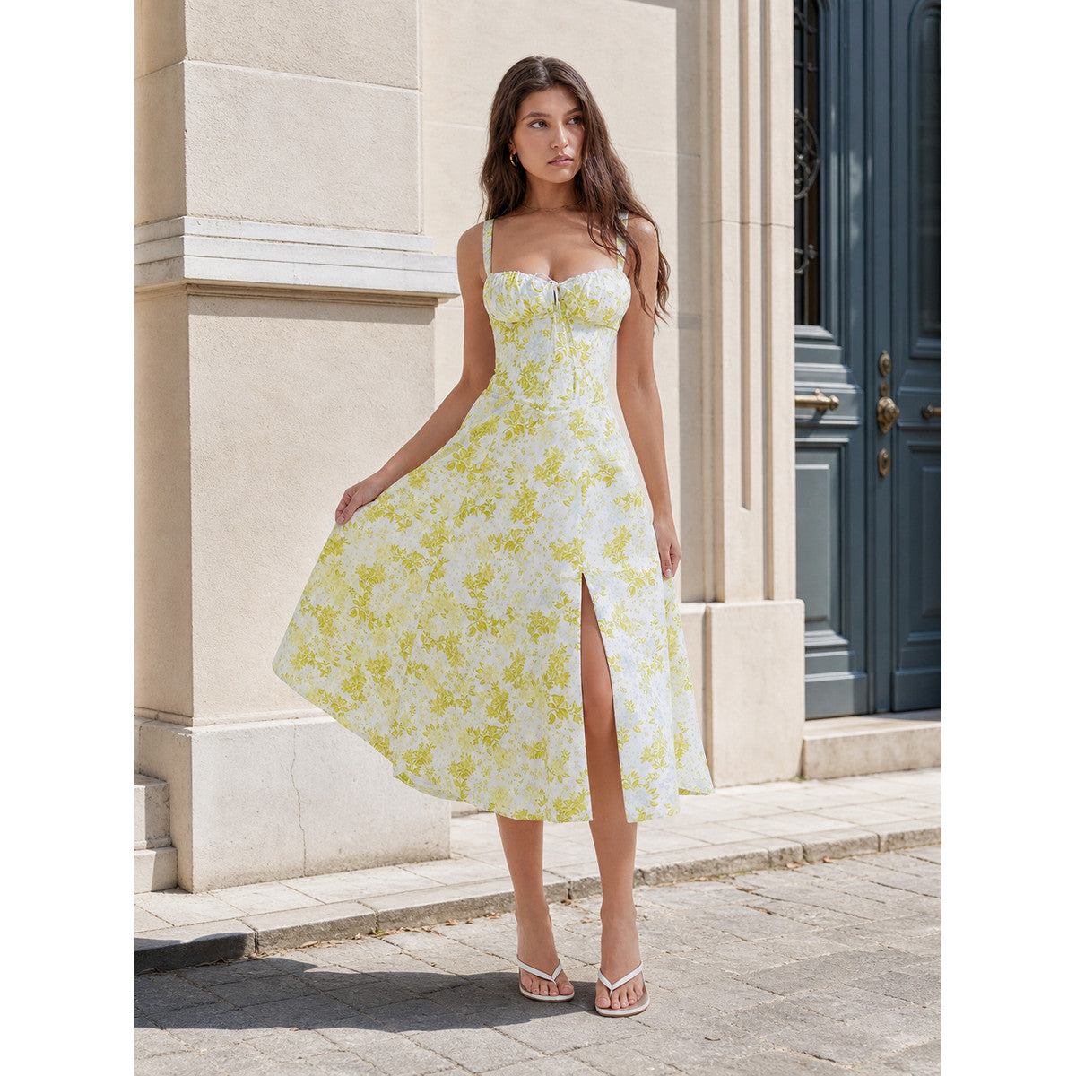Women's Midi Dress with Yellow Floral Print and Slit