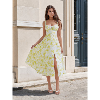 Women's Midi Dress with Yellow Floral Print and Slit