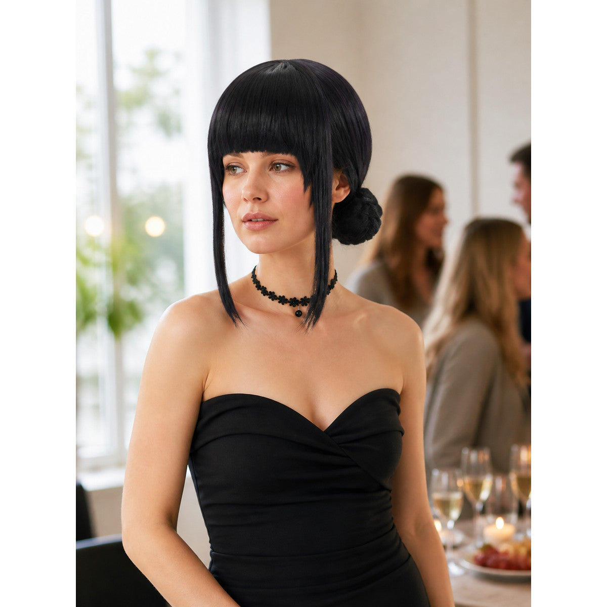 Black Cosplay Wig with Two Buns and Bangs lifestyle view