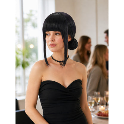 Black Cosplay Wig with Two Buns and Bangs lifestyle view