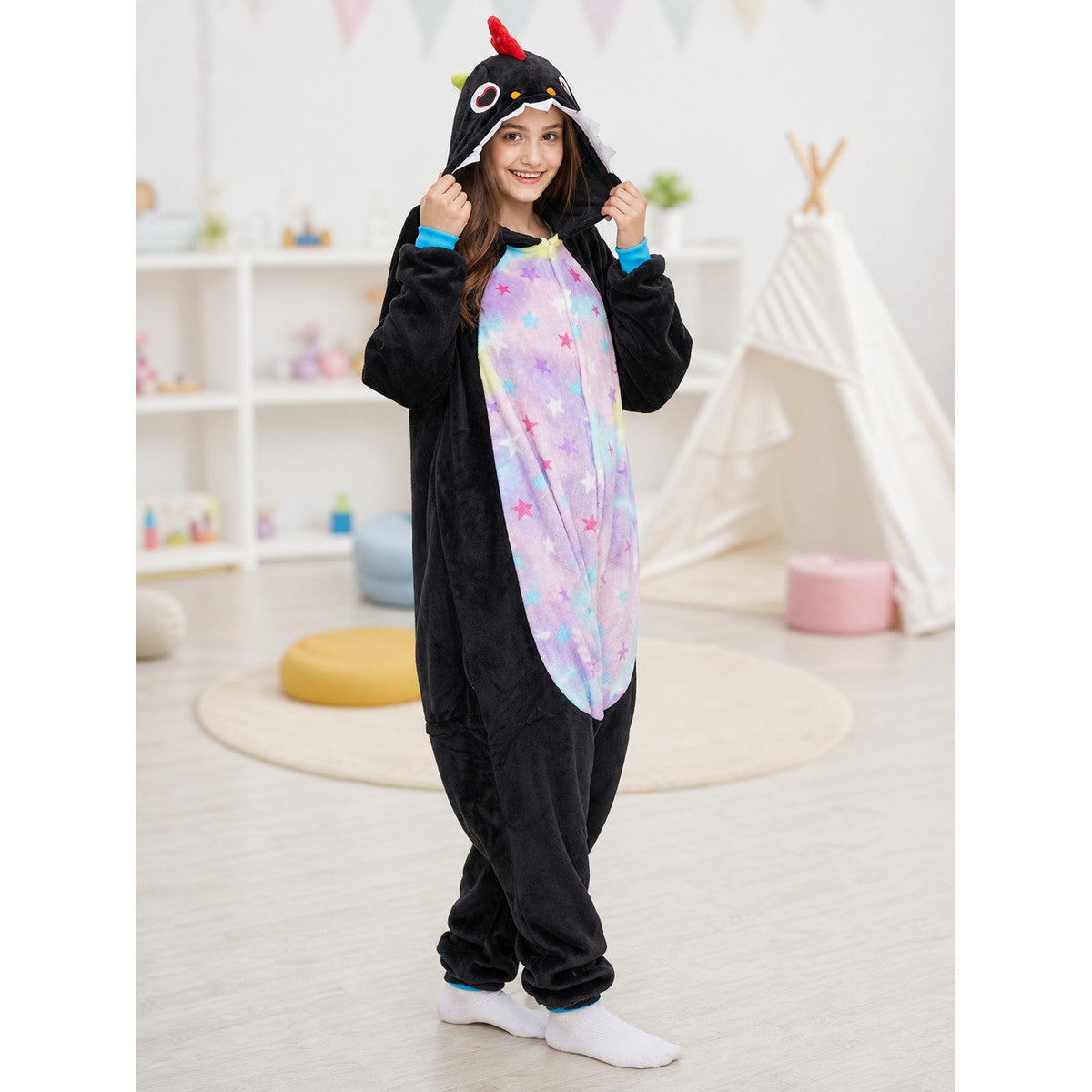 Dragon kigurumi hooded jumpsuit lifestyle view